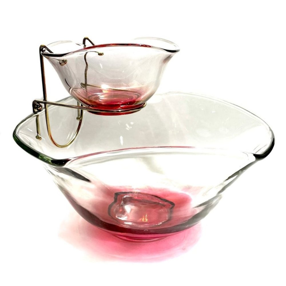 Vintage 1960s Anchor Hocking Cranberry Red Ombre Clear Glass Chip Dip Bowls Set